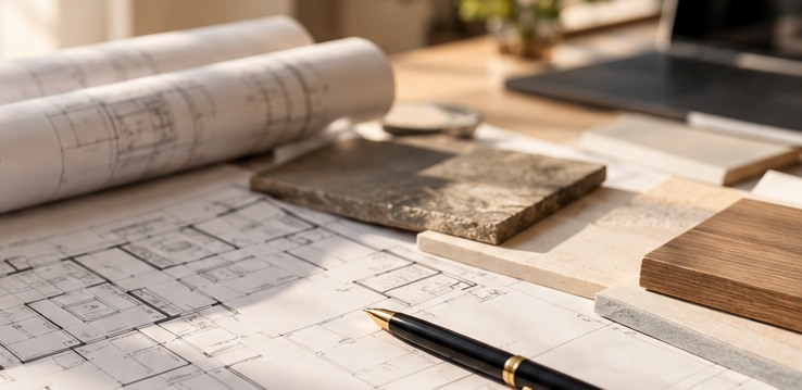 Planos arquitectónicos y materiales de planeación de un desarrollo inmobiliario, imagen conceptual